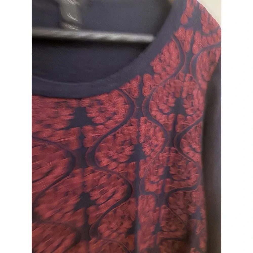 J.Crew Women's Navy Purple Embroidered Slim Fit ¾‎ Sleeve Tee Shirt Top Size XL